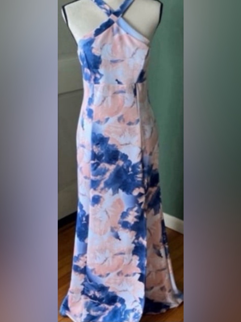Crystal Doll Floral Maxi halter dress in Blue and Peach